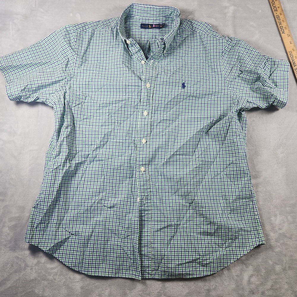 Polo Ralph Lauren Gingham Check Button Down Short Sleeve Shirt Green Blue XL